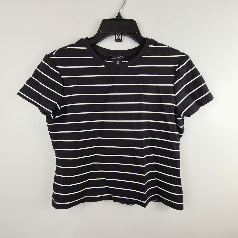 Adrienne Vittadini Womens Small Black White Striped‎ Short Sleeve Crew Neck Tee